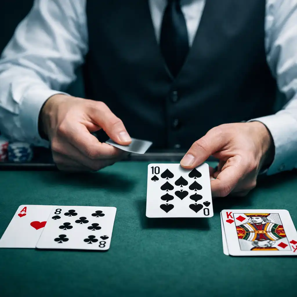 Blackjack dealer's hands dealing cards with mechanical precision on green felt
