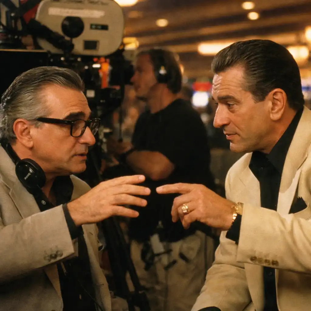 Martin Scorsese directing Robert De Niro on the set of Casino
