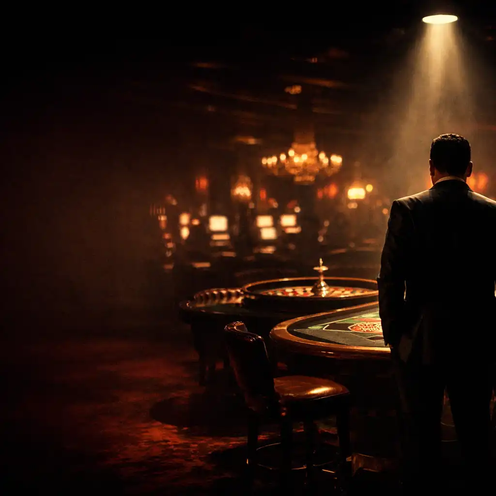 A solitary figure in a sharp suit stands near a roulette table on a dimly lit casino floor, with a dramatic spotlight from above.