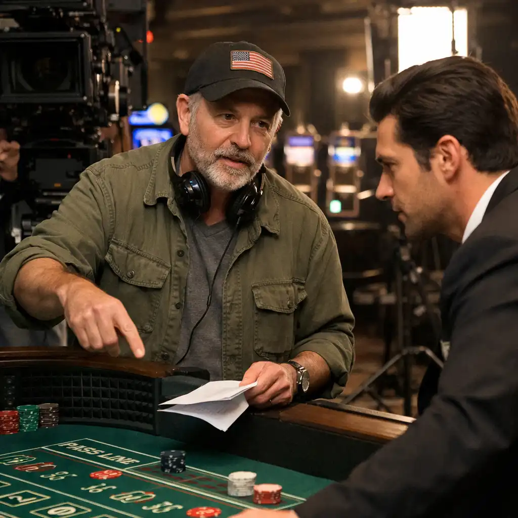 Technical advisor on a film set explaining details to an actor near a craps table