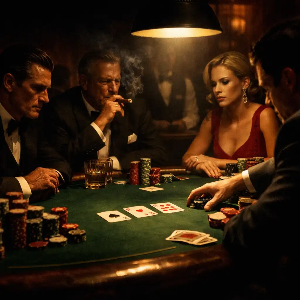 High-stakes poker table in a dimly lit casino, with players in elegant attire and chips stacked high under a single spotlight