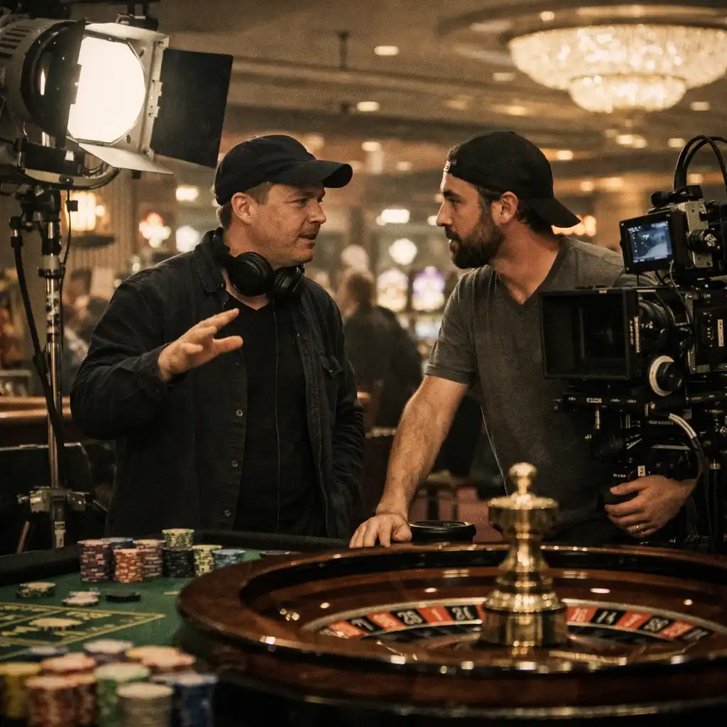 A director and cinematographer discussing a shot near a roulette table on a film set
