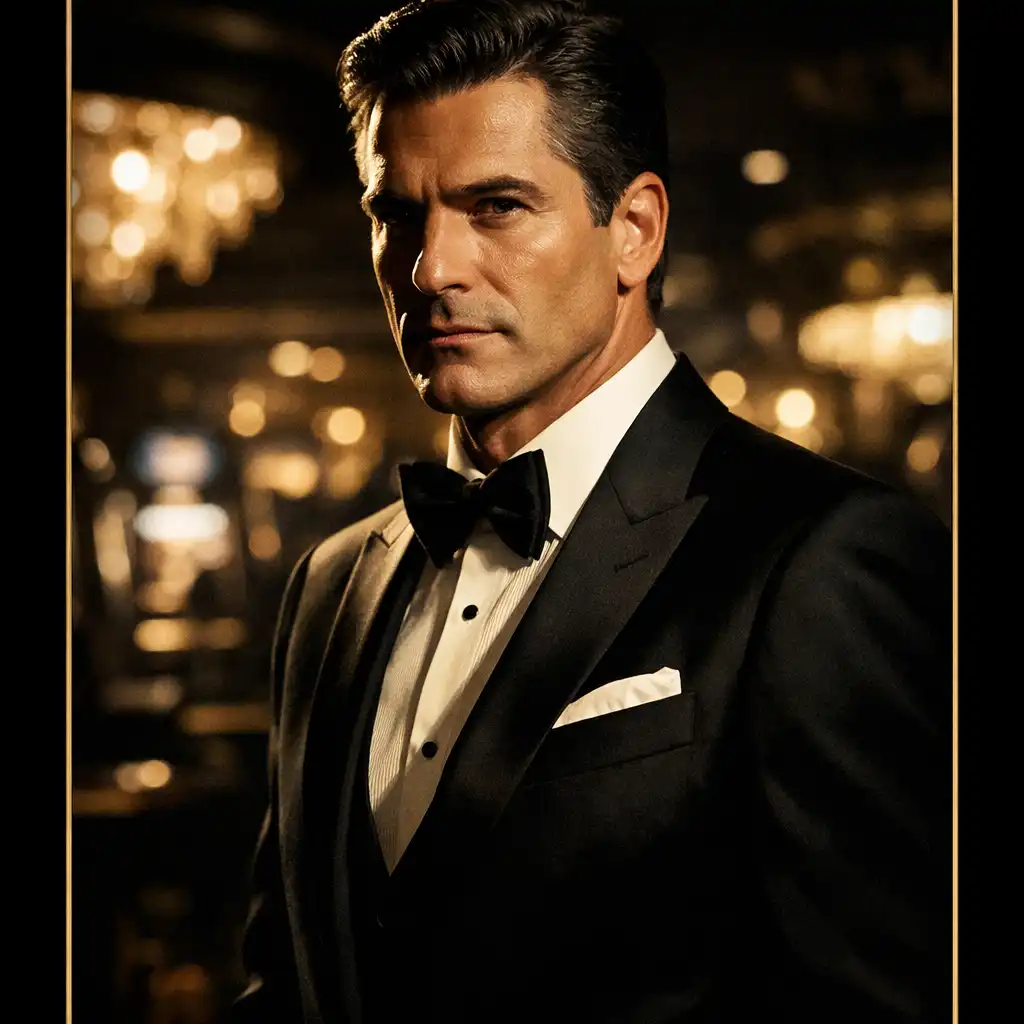 A stylized portrait of a man in a tuxedo with a poker face, standing in front of a blurred casino background