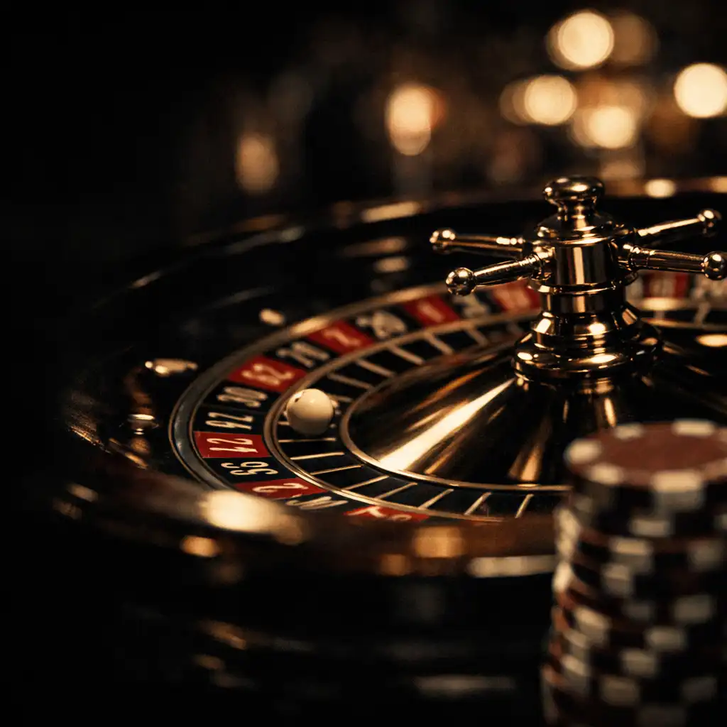 A spinning roulette wheel with blurred casino lights in the background