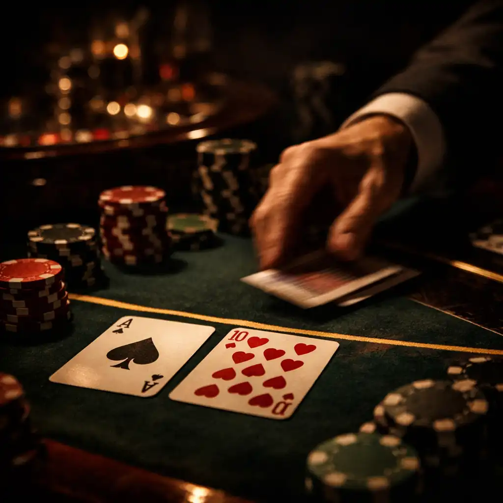 A moody casino table with playing cards, chips, and a dealer's hand in motion