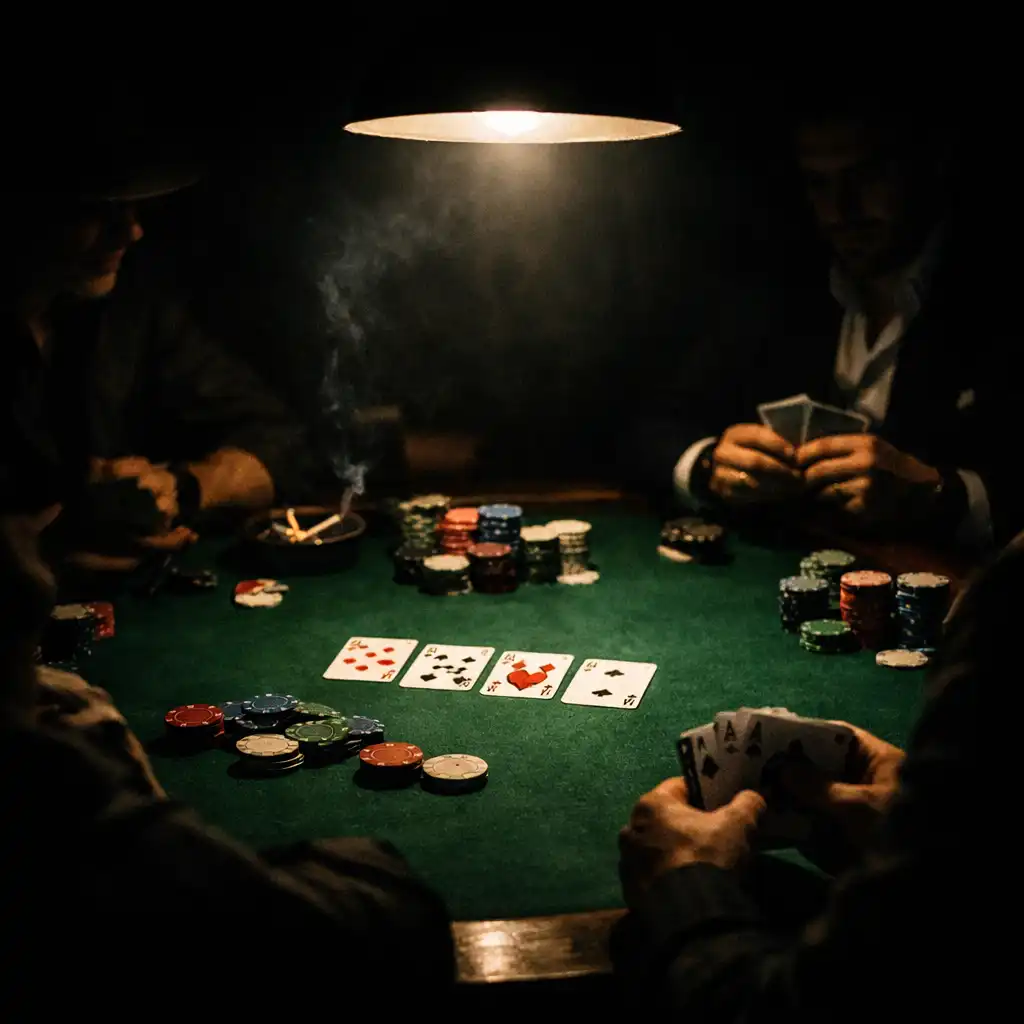 Poker scene with dramatic low-key lighting and a single overhead lamp illuminating cards and chips