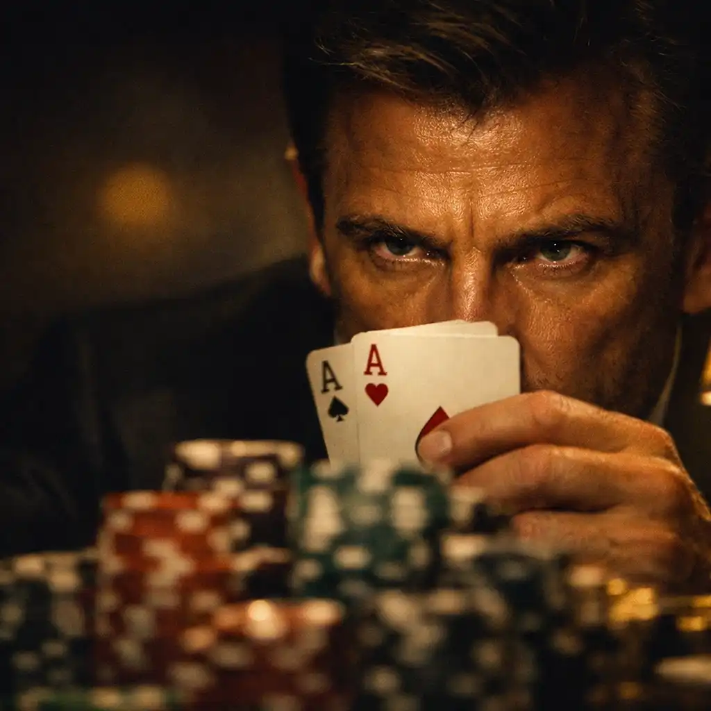 Intense poker scene with a man's eyes over a pile of chips in a dimly lit casino