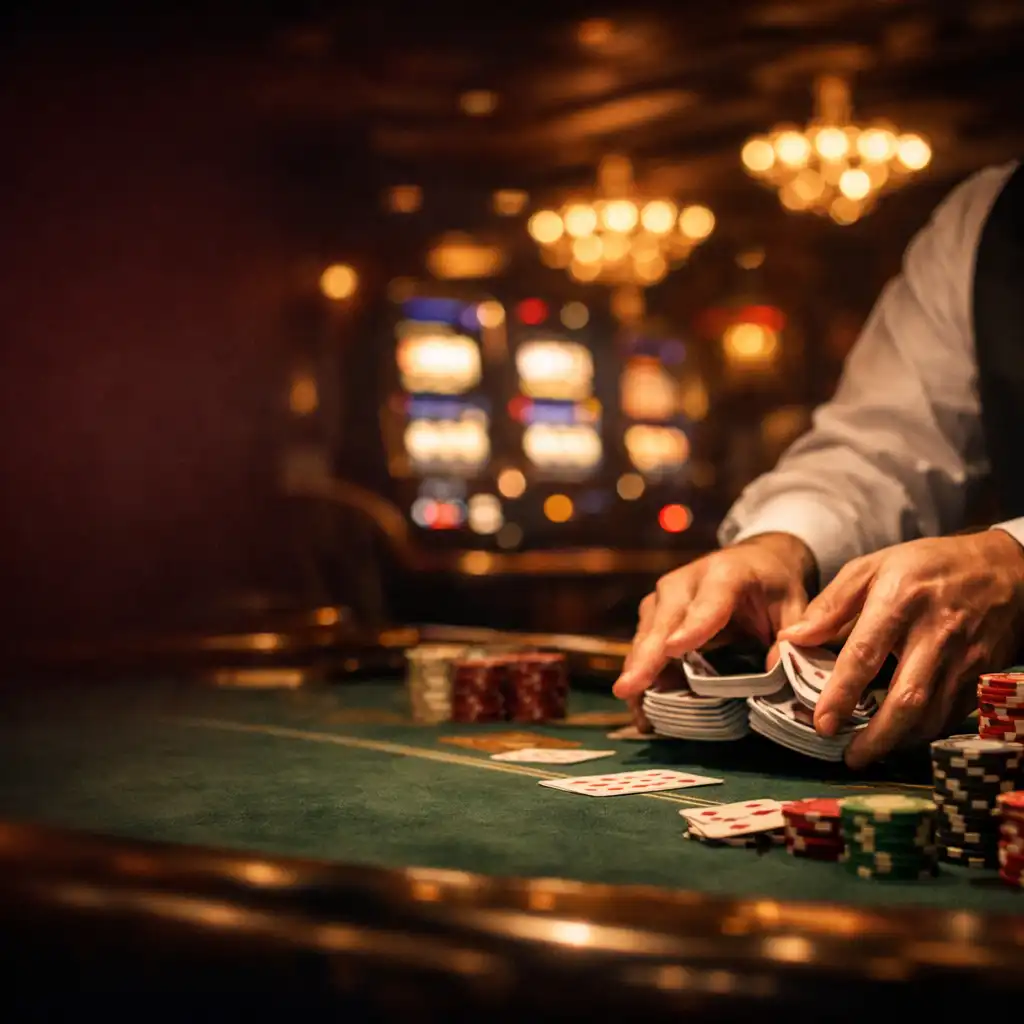 A dramatic high-stakes casino table with a dealer shuffling cards and stacks of chips in the foreground