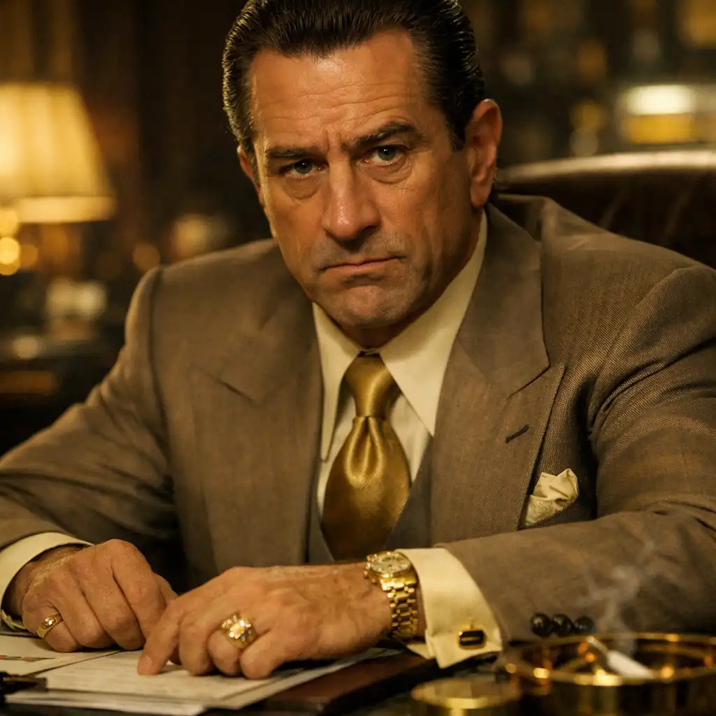 Portrait of Sam 'Ace' Rothstein in a sharp 1970s suit, seated at a casino office desk, looking intense