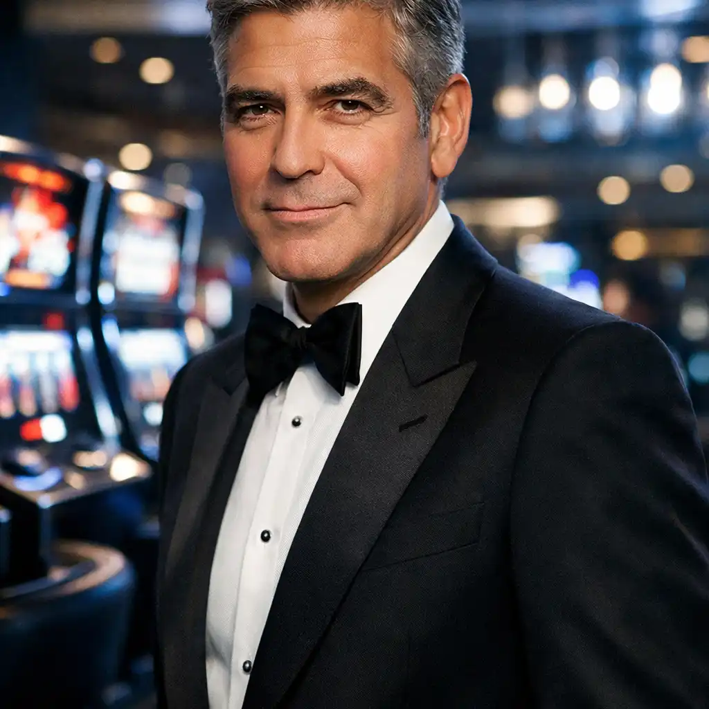 Portrait of Danny Ocean in a tailored tuxedo, standing in a modern casino with a confident smile