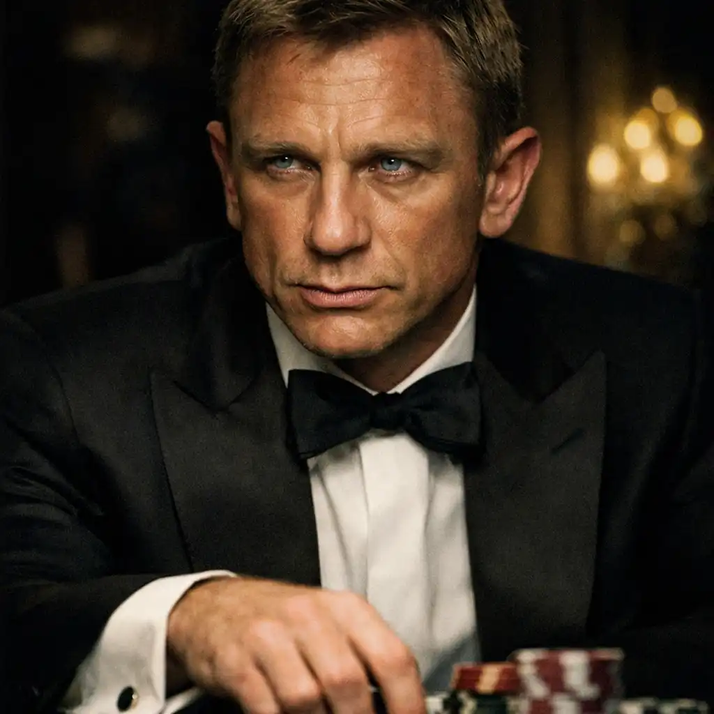 Portrait of James Bond in a formal suit, seated at a poker table, looking focused