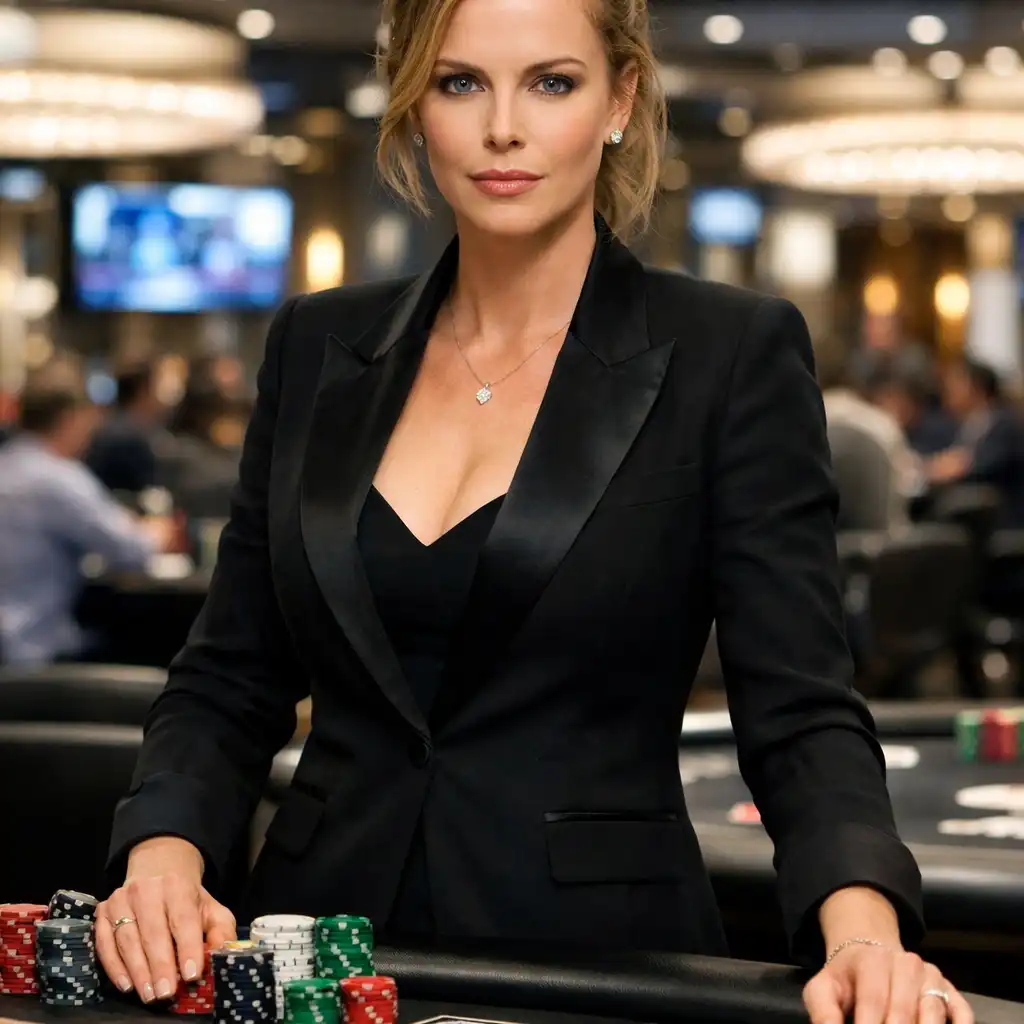 Portrait of an actress as a high-stakes poker game organizer standing confidently in a modern casino