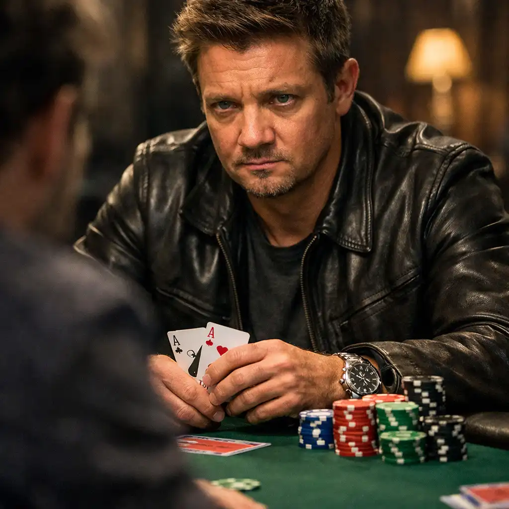 Portrait of an actor as a poker player seated at a table with cards and chips