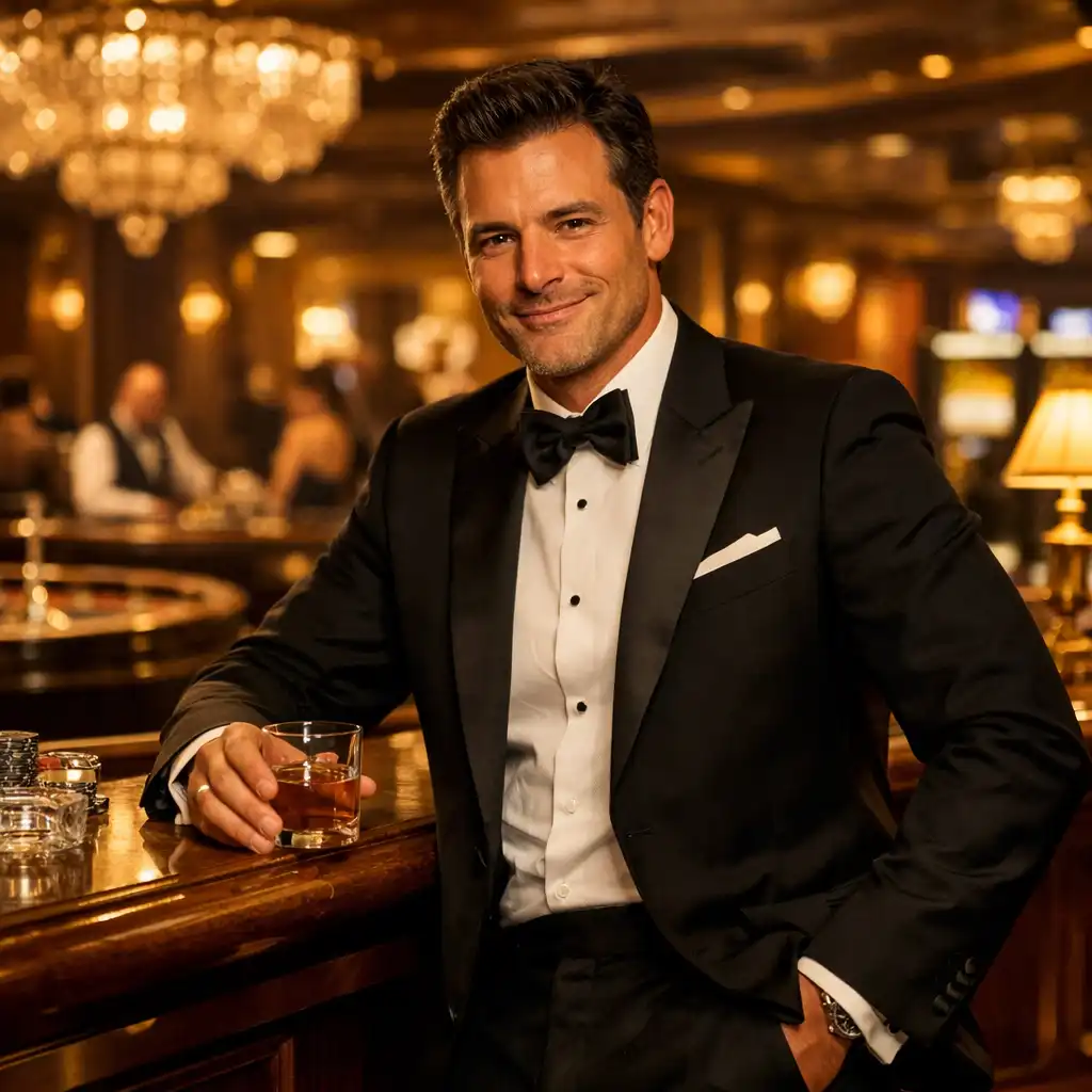 Stylish man in a tailored tuxedo leaning against a casino bar with a confident smile.