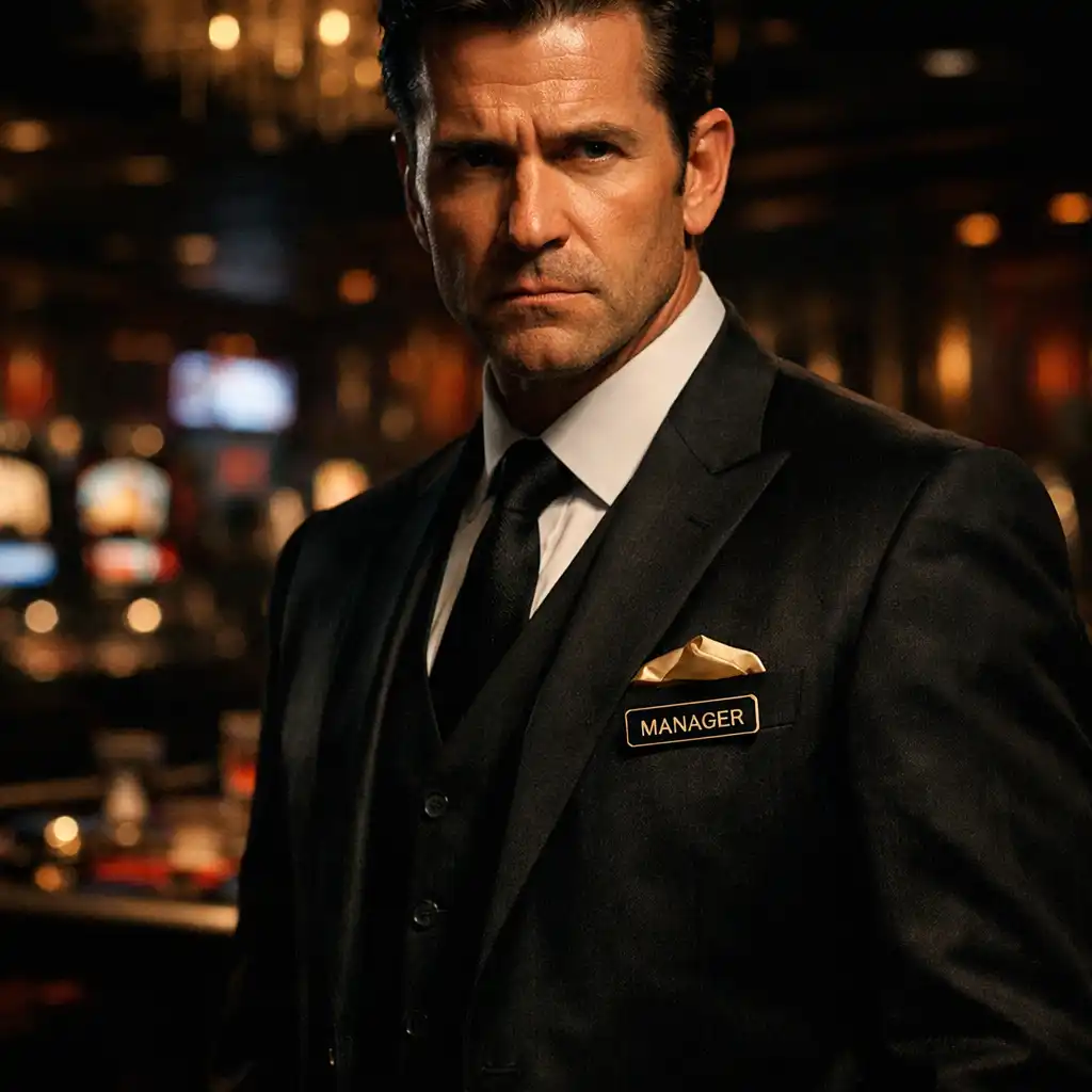 Dramatic portrait of an actor in character as a casino manager in a tailored suit