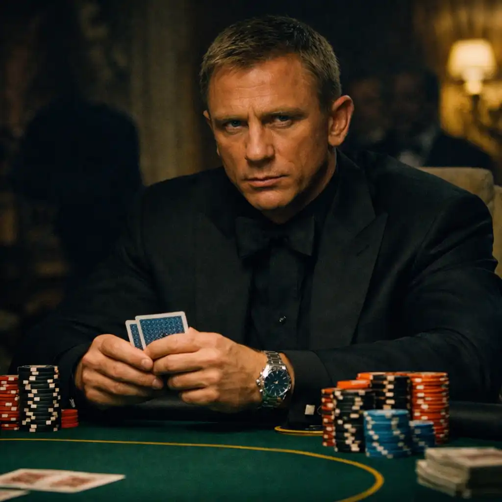 Daniel Craig as James Bond sitting at a poker table in Casino Royale