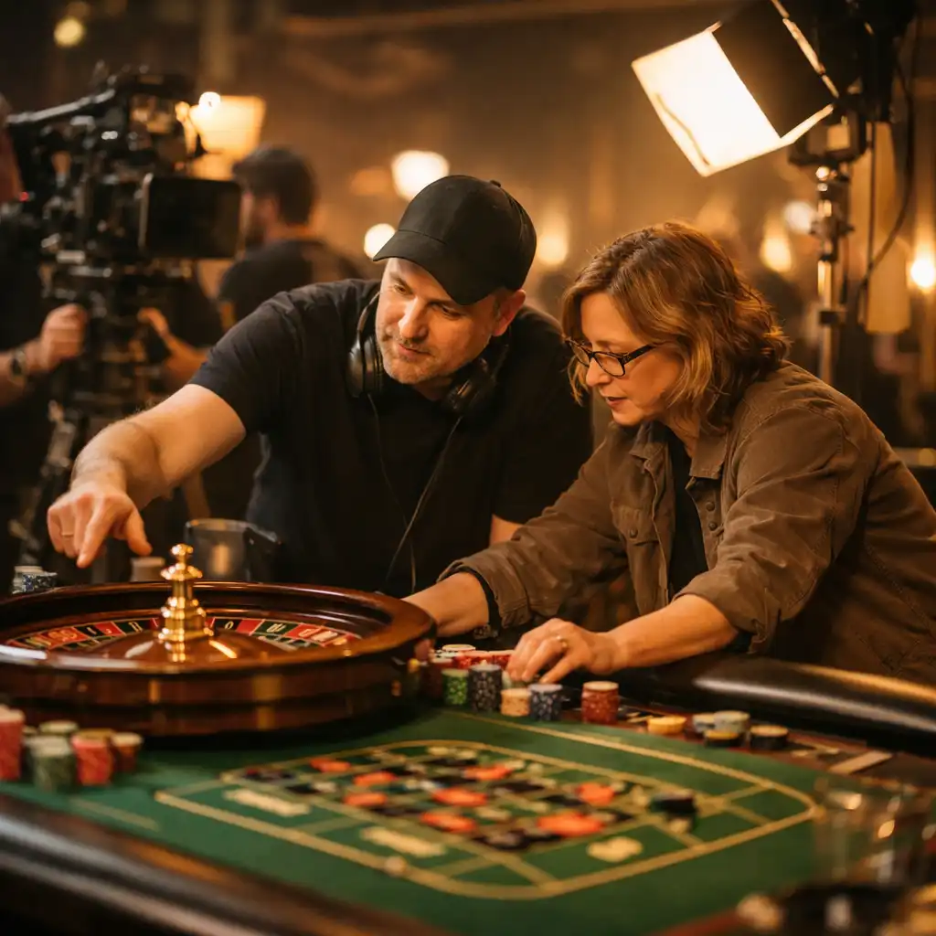 Film crew setting up a casino scene with a director and set designer adjusting a roulette table