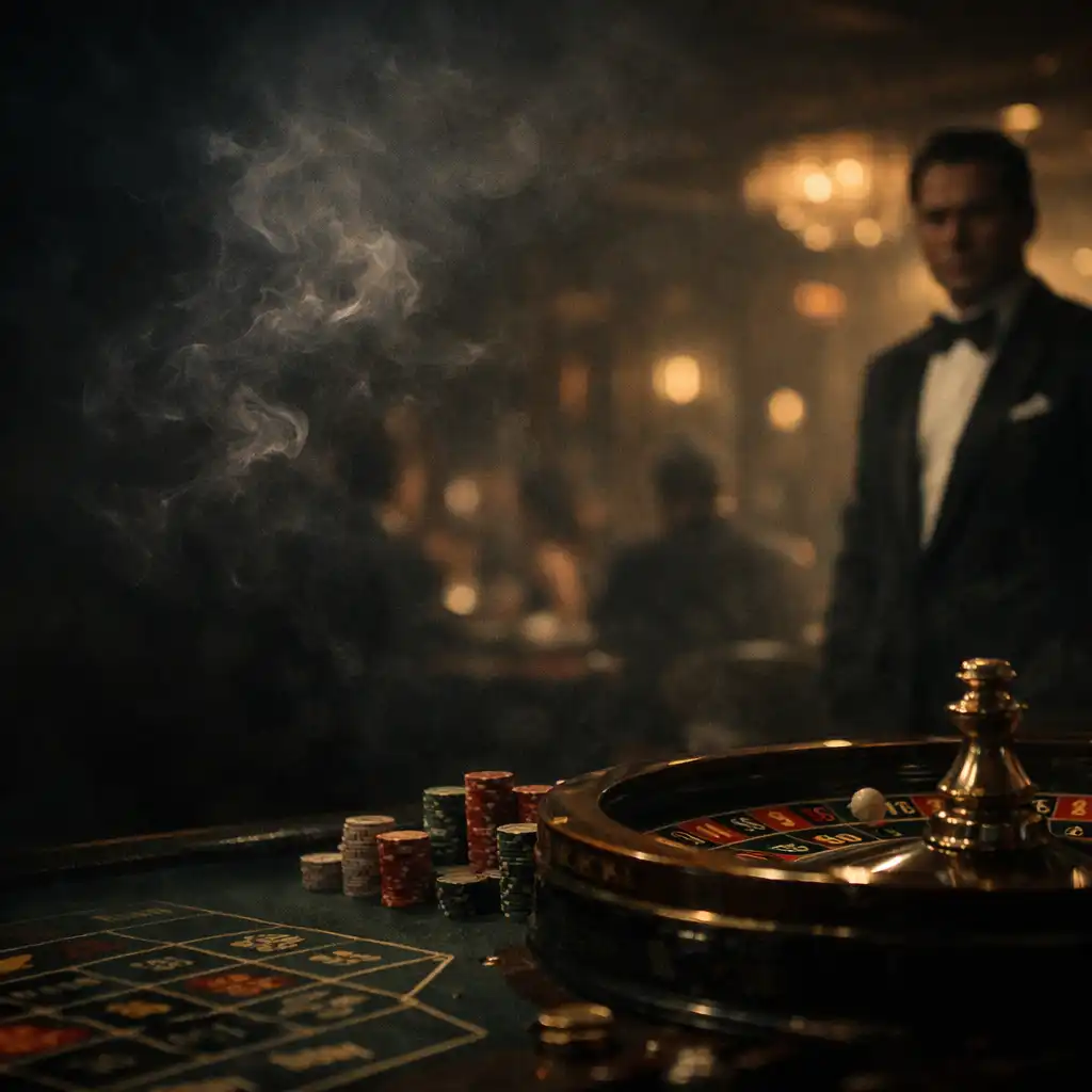 Dimly lit casino floor with a roulette table and a man in a tuxedo in the background