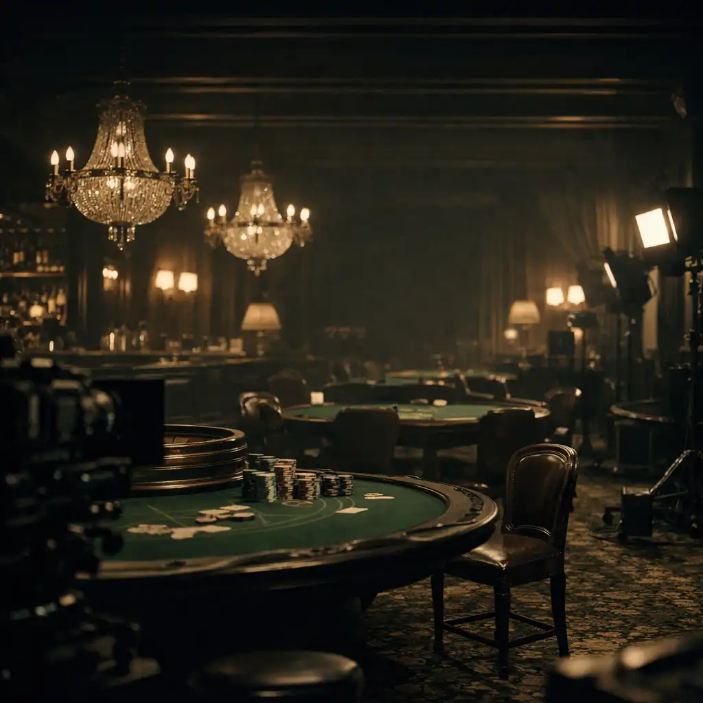 A dramatic film set designed as a luxurious casino interior with chandeliers and green felt tables