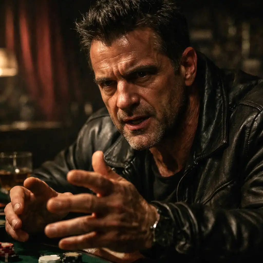 Tense close-up of Nicky Santoro, a man in a leather jacket with a menacing expression, in a dark casino backroom.