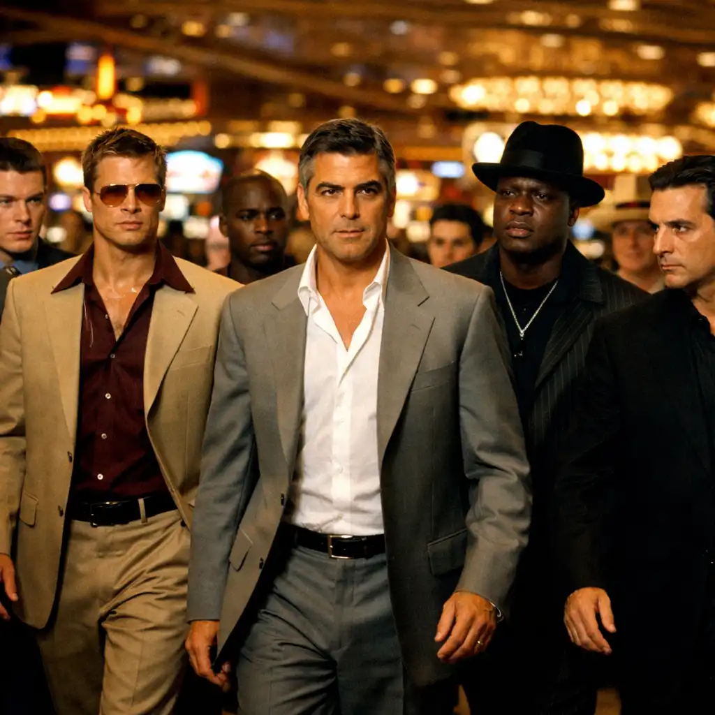 The ensemble cast of Ocean's Eleven walking through a casino