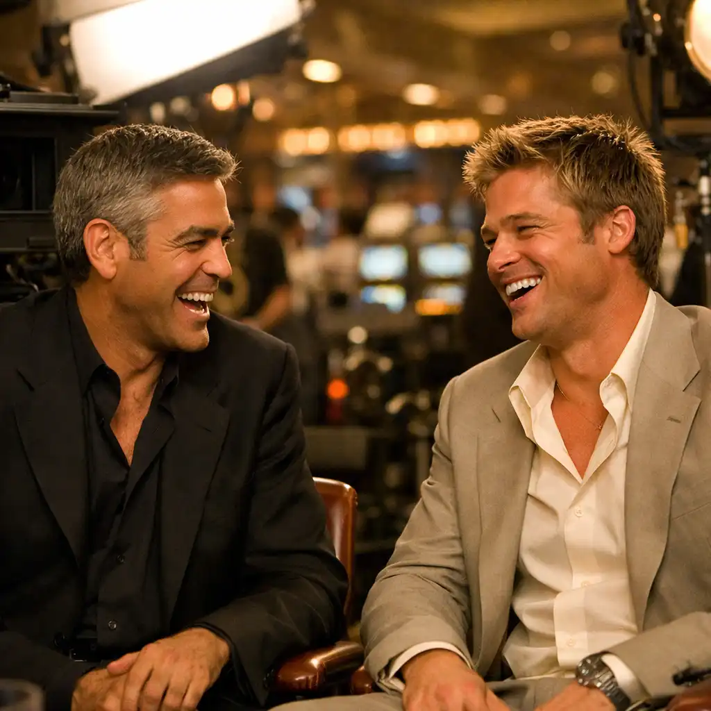George Clooney and Brad Pitt laughing between takes on the set of Ocean's Eleven