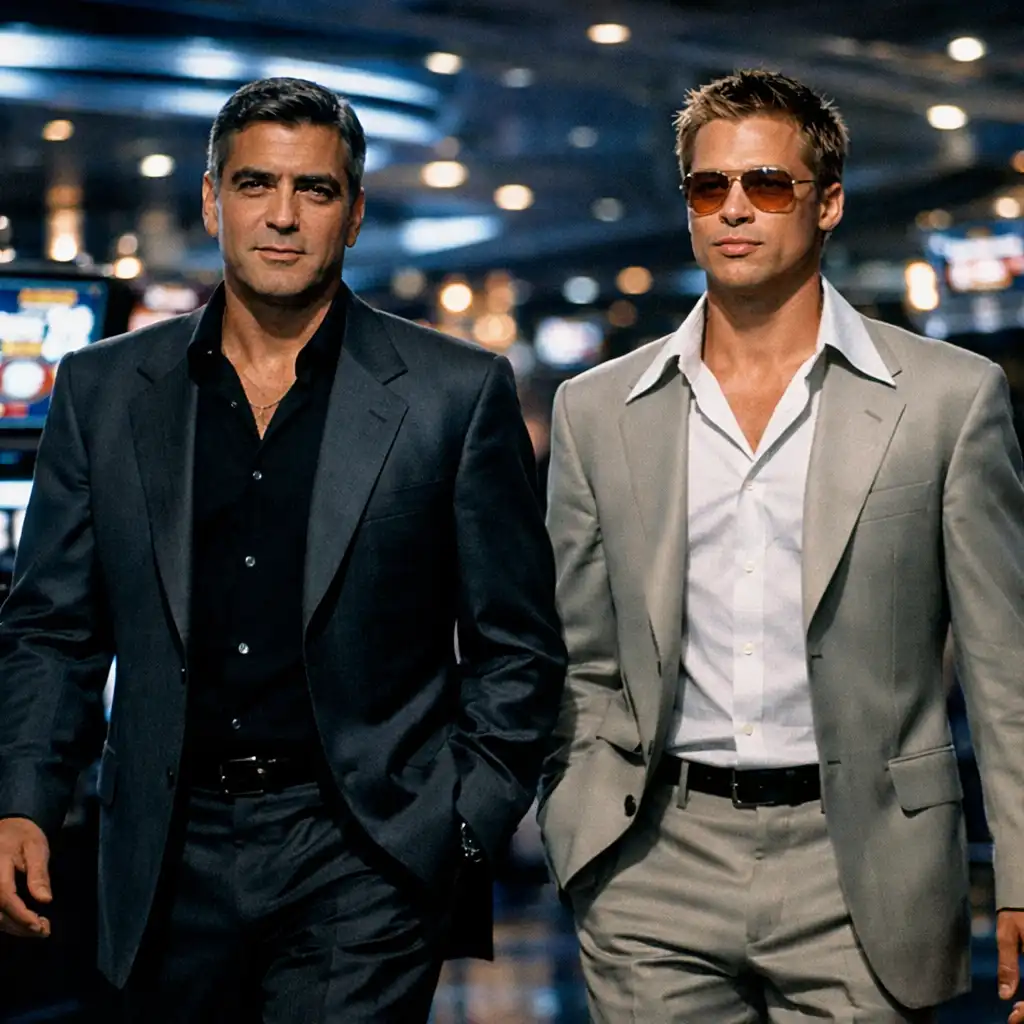 George Clooney and Brad Pitt walking through a casino floor with confident stride in Ocean's Eleven