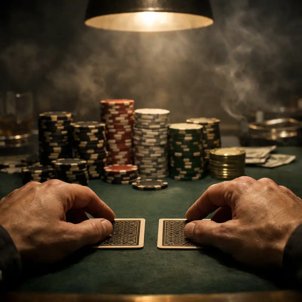 Poker table from a player's perspective with cards face down and chips stacked high
