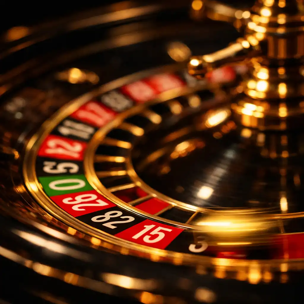 Extreme close-up of a roulette wheel in motion with a gold blur of the ball