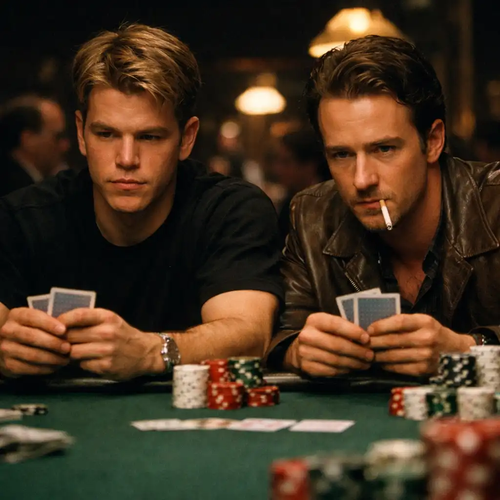 Matt Damon and Edward Norton at a poker table in Rounders