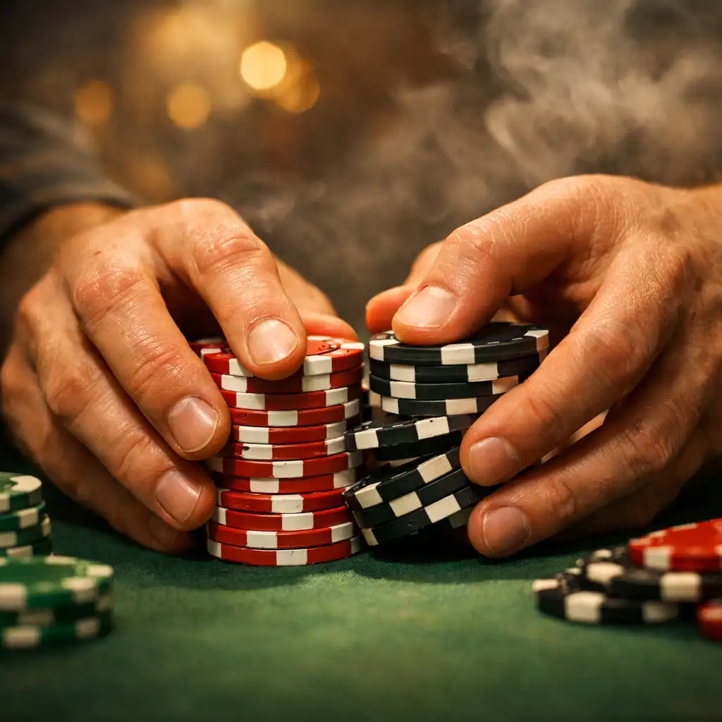 Close-up of hands shuffling poker chips on a table with a blurred smoky card room background