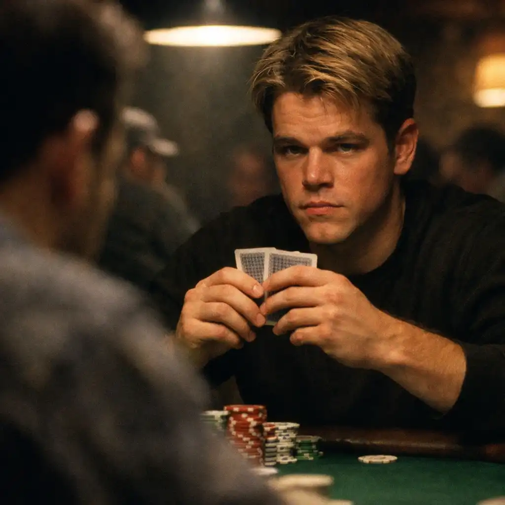 Matt Damon as Mike McDermott sitting at a poker table with a focused expression in Rounders