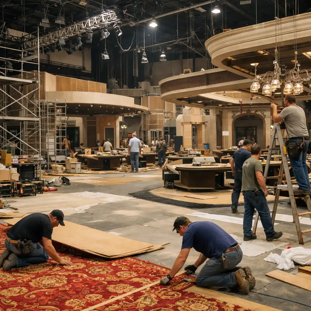 Wide shot of a casino set under construction with scaffolding, half-built walls, and workers placing carpet and lighting fixtures