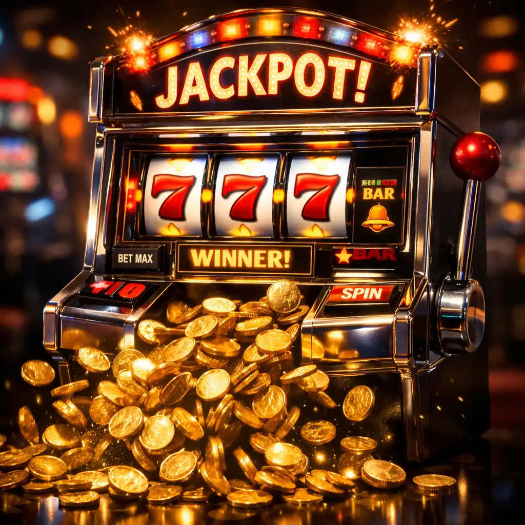 Slot machine mid-jackpot with flashing lights and coins spilling out