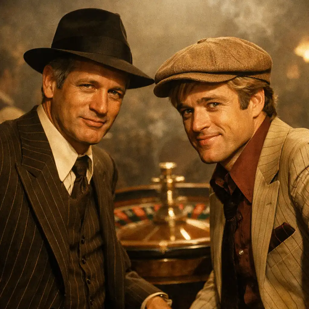 Paul Newman and Robert Redford in period costumes standing in a smoky room with a roulette wheel in The Sting