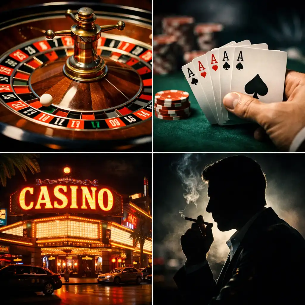 Collage of iconic casino movie scenes including a roulette wheel and poker hand